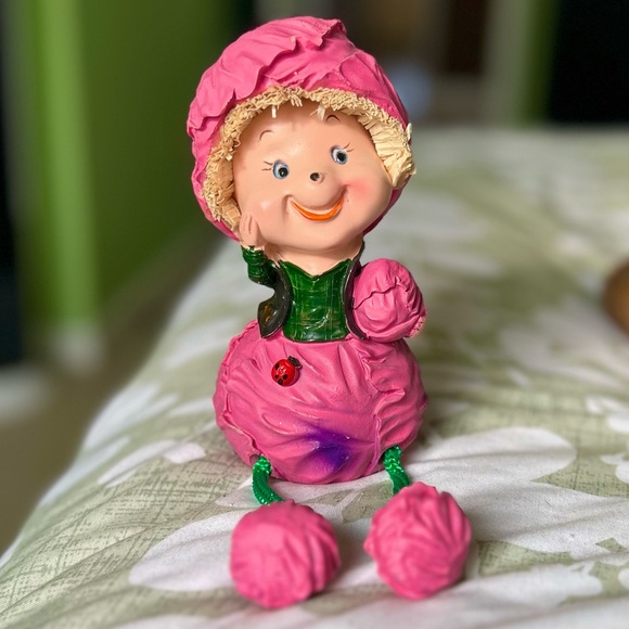 Vintage Pink Sitting Cabbage Girl Farmhouse Cottagecore Ladybug Decor Art - Picture 2 of 10